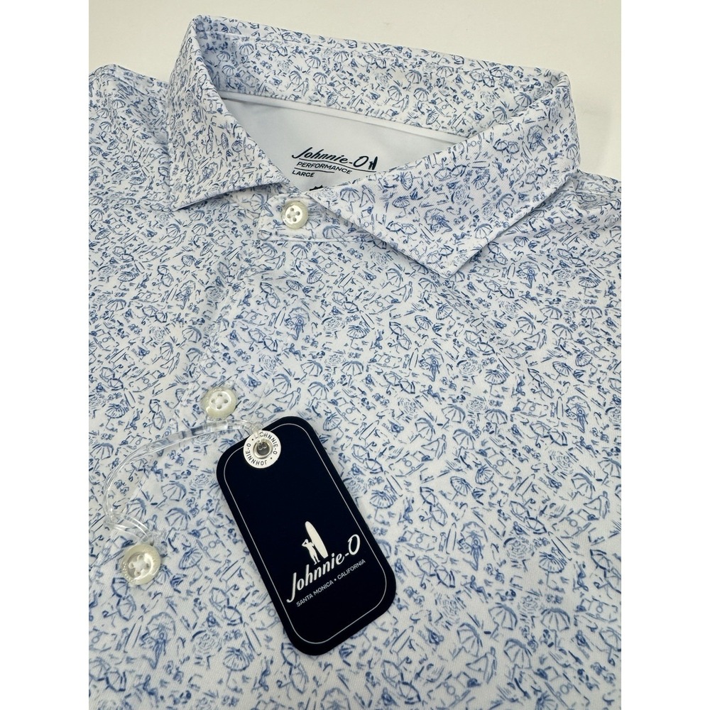 NWT Johnnie-O Boggings Beach Print Golf Polo Shirt Palisades Blue Men's LARGE